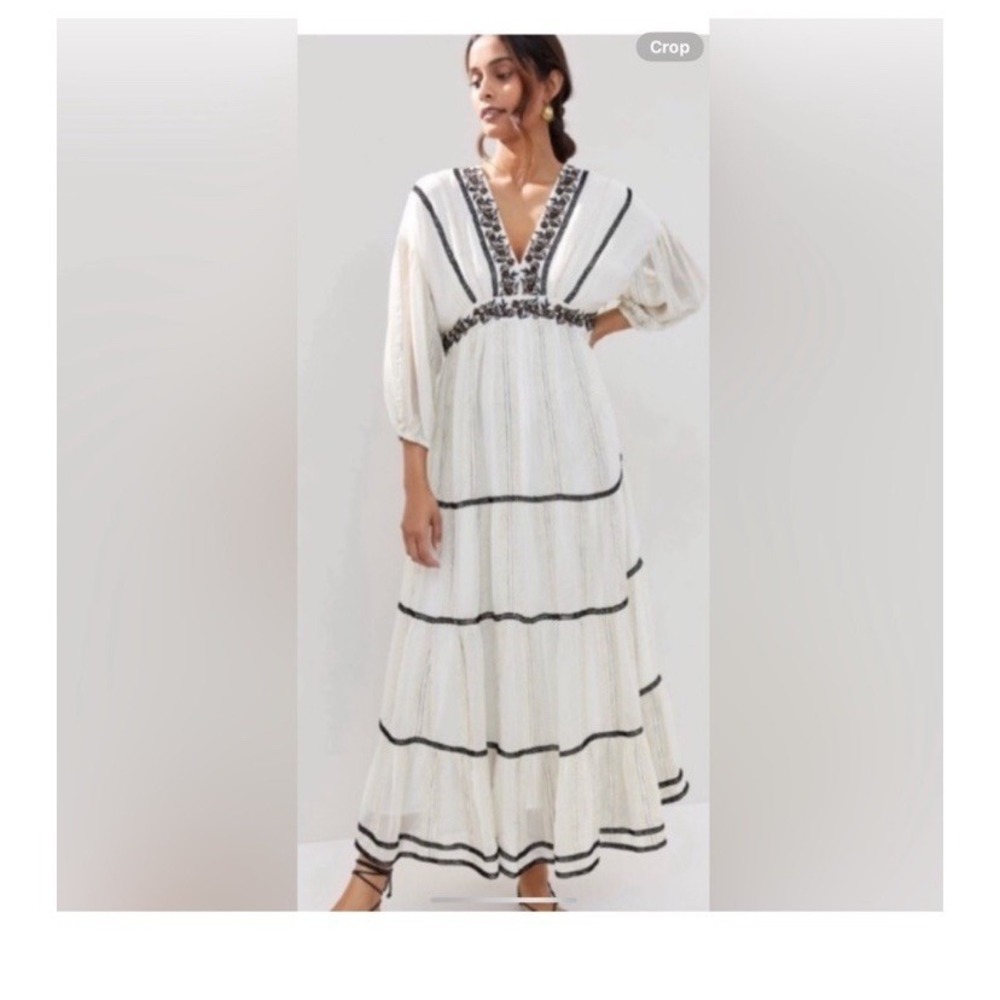 Anthropologie Verb Maxi Dress Women Size M Embroidered Boho Gold Black Beaded - Picture 2 of 13